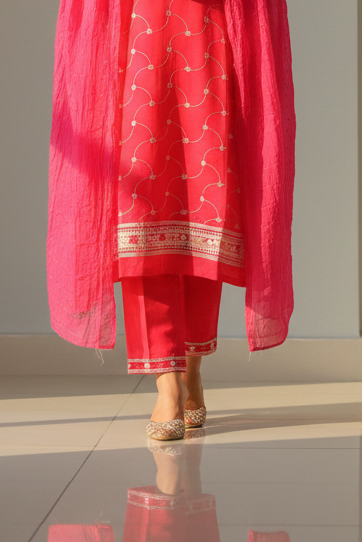 Embroidered Silk Suit with printed dupatta Set