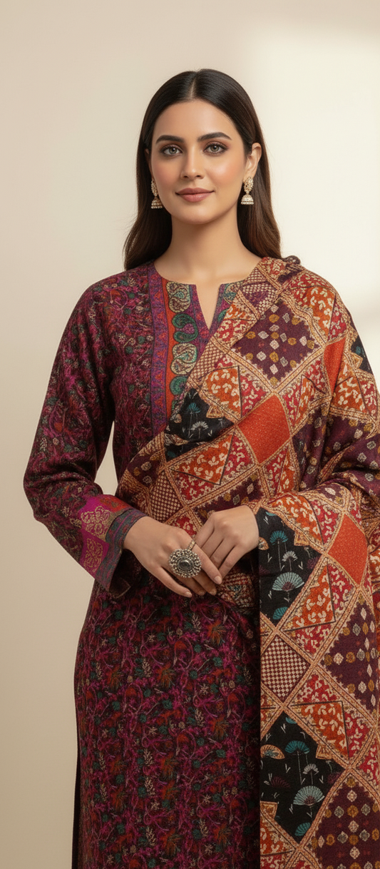 Premium Pashmina Winter Suit Fabric with Printed Shawl – Teal