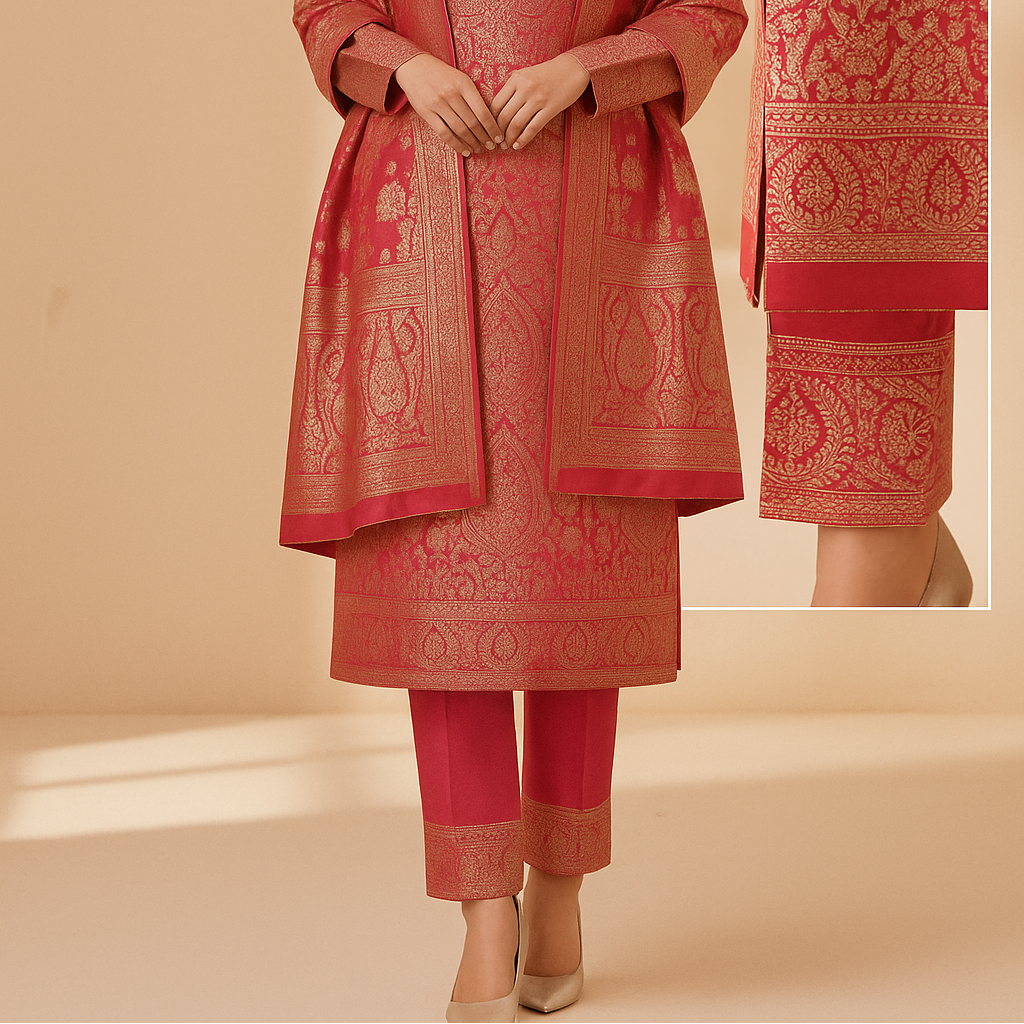 “Premium Winter Zari Suit Set With Shawl”