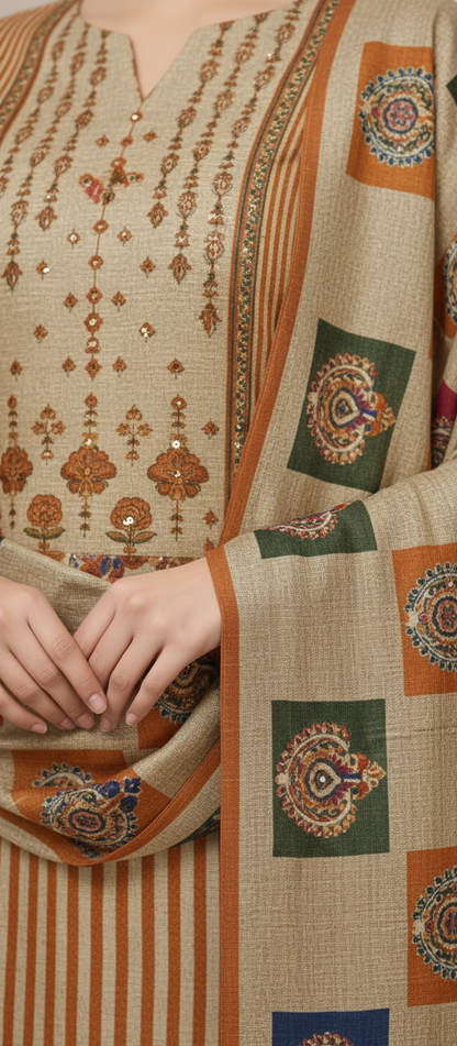 Premium Pashmina Winter Suit Fabric with Printed Shawl – Teal