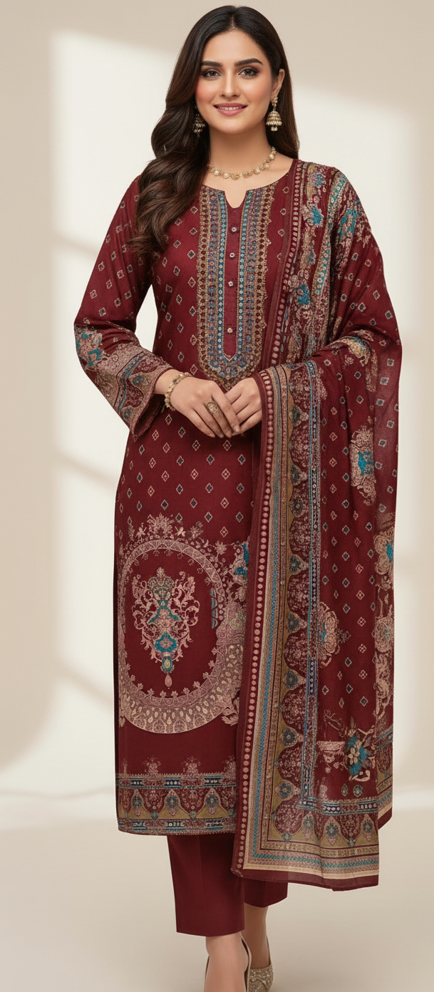 Printed Sequence Work Suit Set with Shawl