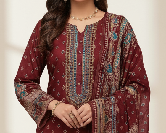 Printed Sequence Work Suit Set with Shawl