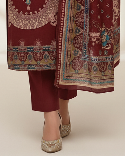 Printed Sequence Work Suit Set with Shawl