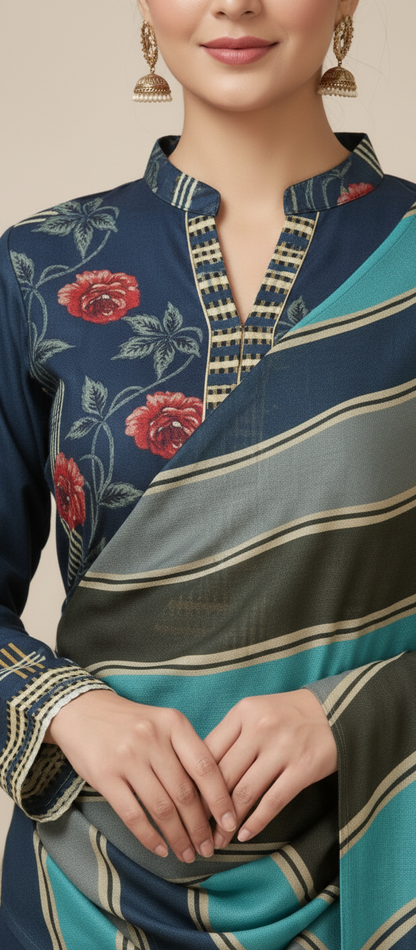 Premium Pashmina Winter Suit Fabric with Printed Shawl – Teal