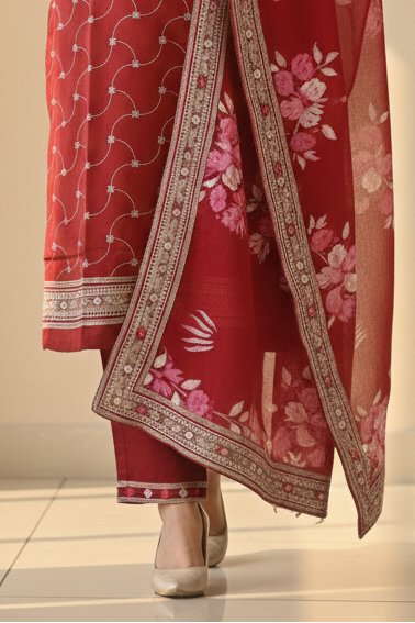 Embroidered Silk Suit with printed dupatta Set