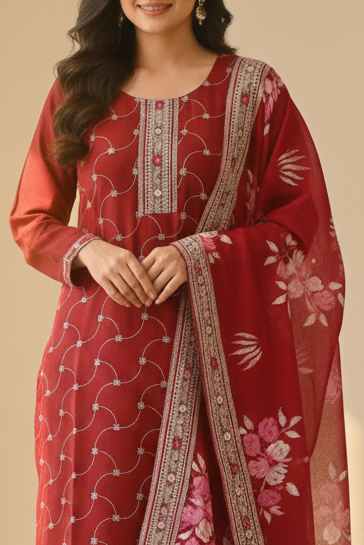 Embroidered Silk Suit with printed dupatta Set