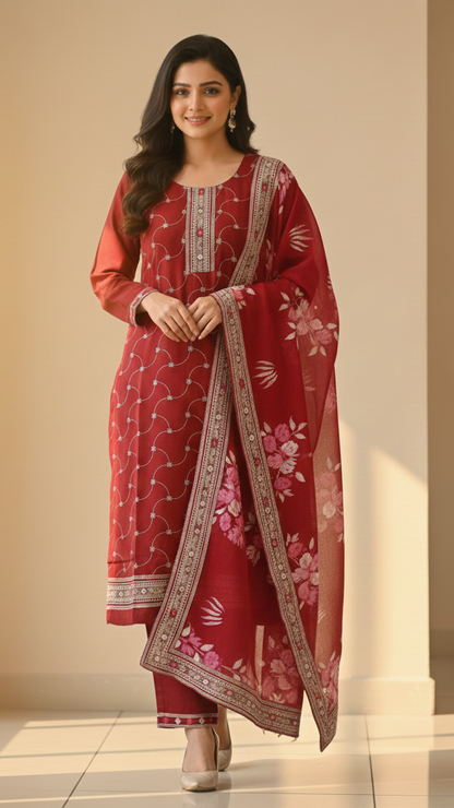 Embroidered Silk Suit with printed dupatta Set