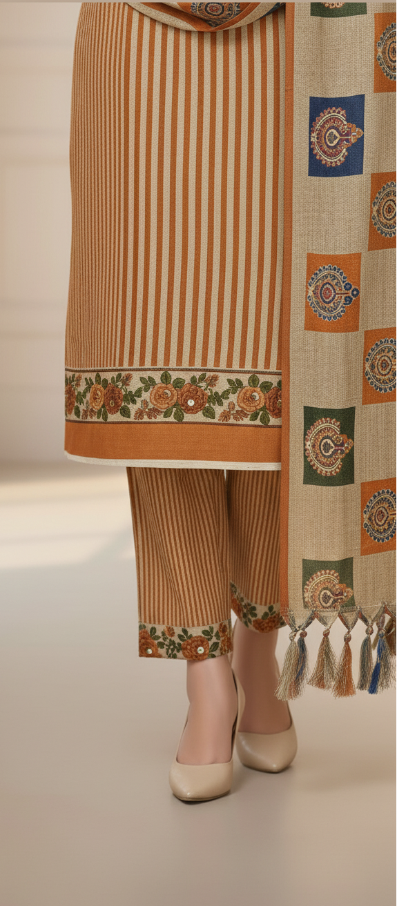 Premium Pashmina Winter Suit Fabric with Printed Shawl – Teal