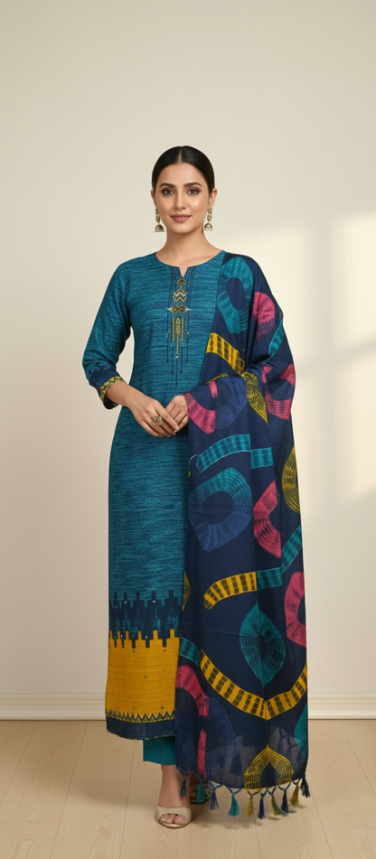 Premium Pashmina Winter Suit Fabric with Printed Shawl – Teal