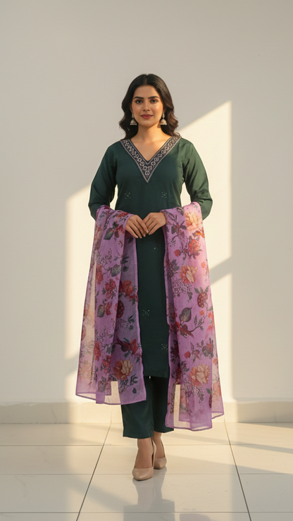 Shimmer Silk Suit Set with Ethereal Organza Dupatta