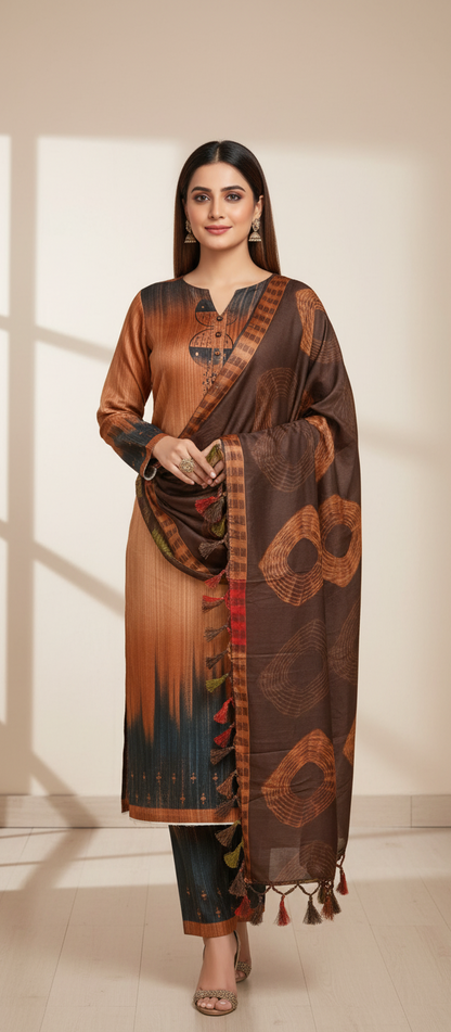 Premium Pashmina Winter Suit Fabric with Printed Shawl – Teal