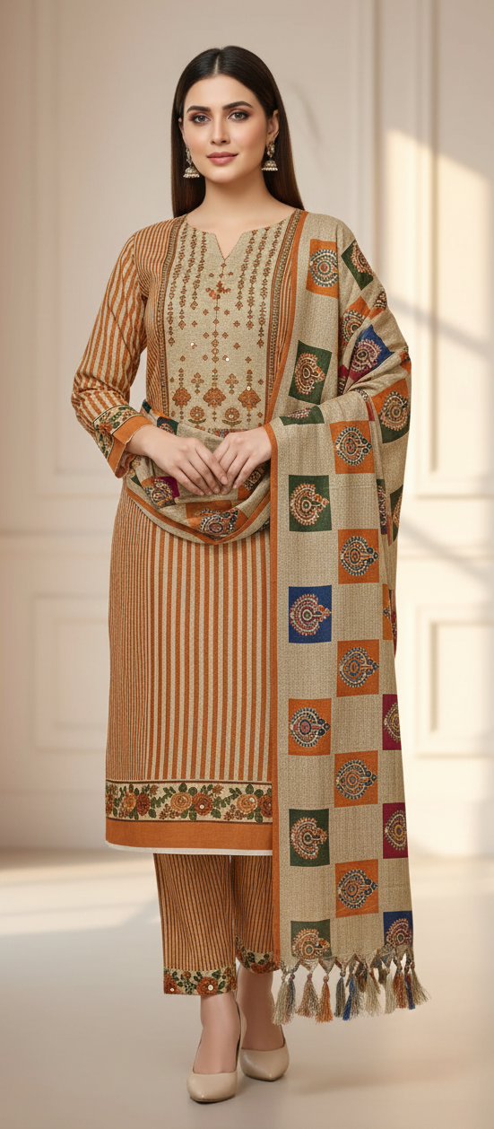 Premium Pashmina Winter Suit Fabric with Printed Shawl – Teal