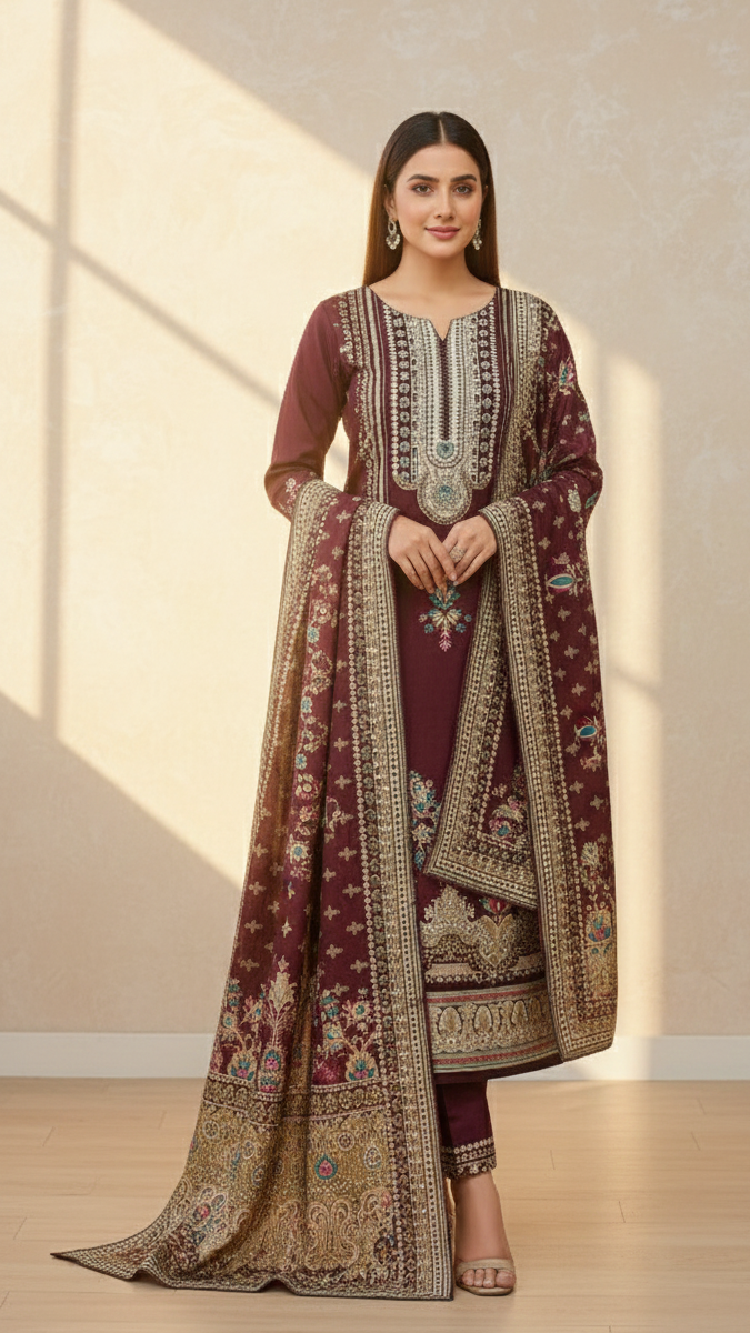 Printed Sequence Work Suit Set with Shawl