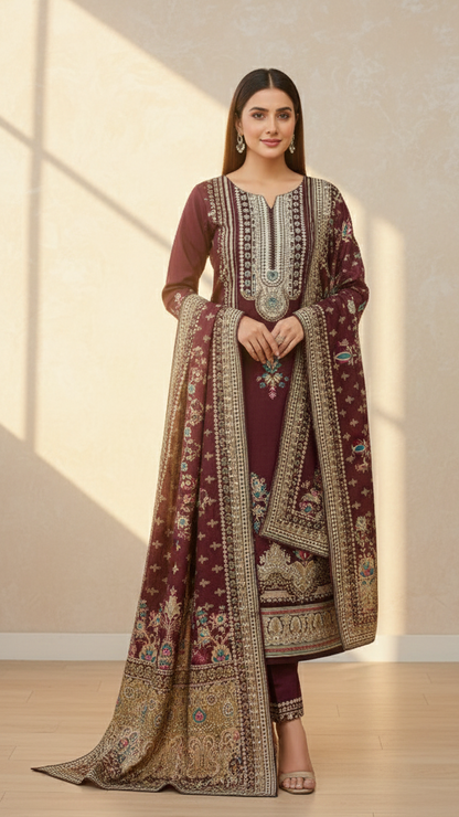 Printed Sequence Work Suit Set with Shawl