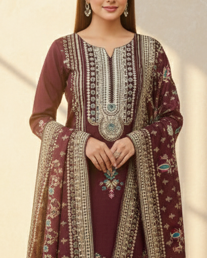 Printed Sequence Work Suit Set with Shawl