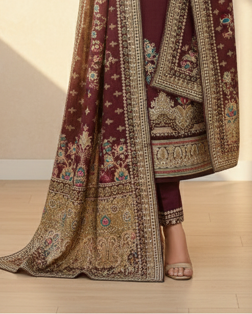 Printed Sequence Work Suit Set with Shawl