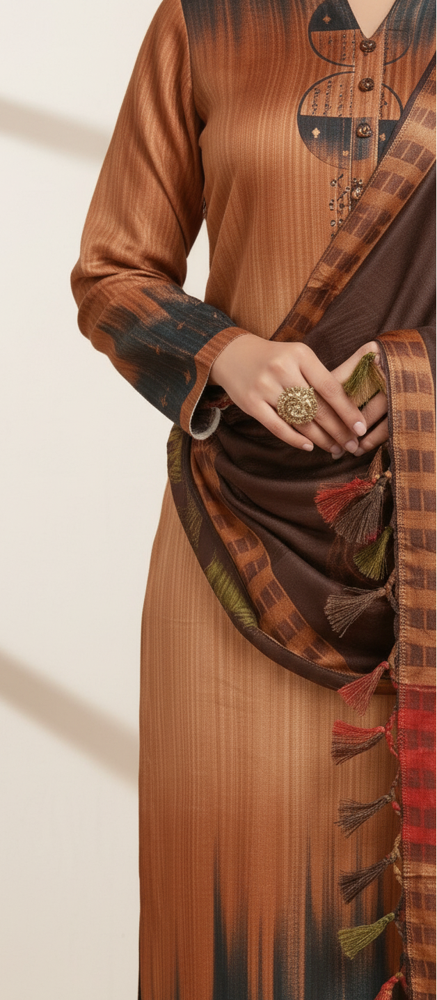 Premium Pashmina Winter Suit Fabric with Printed Shawl – Teal