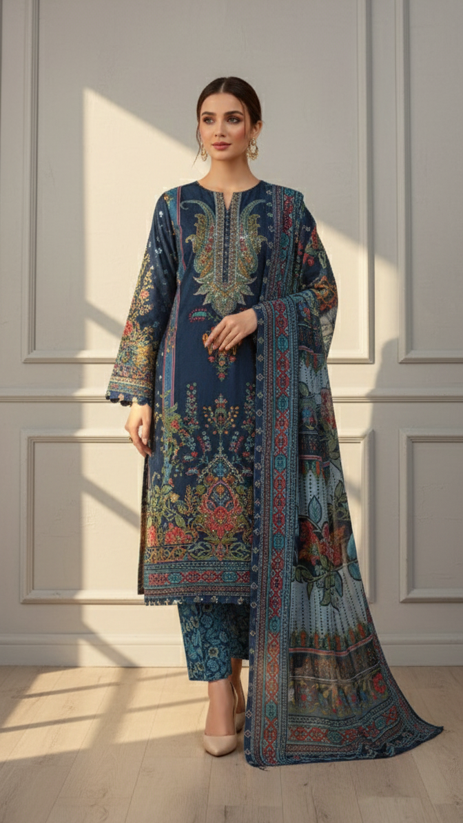 Printed Sequence Work Suit Set with Shawl