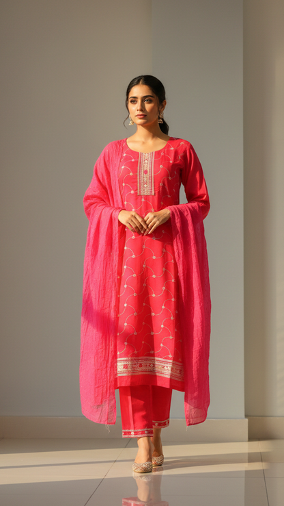 Embroidered Silk Suit with printed dupatta Set