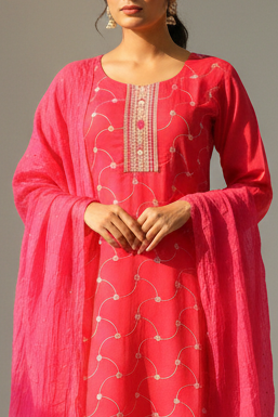 Embroidered Silk Suit with printed dupatta Set