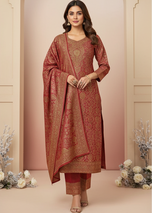 “Premium Winter Zari Suit Set With Shawl”