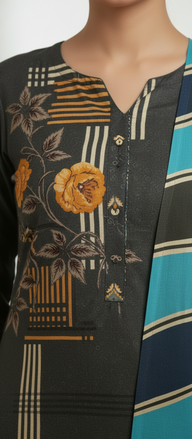 Premium Pashmina Winter Suit Fabric with Printed Shawl – Teal