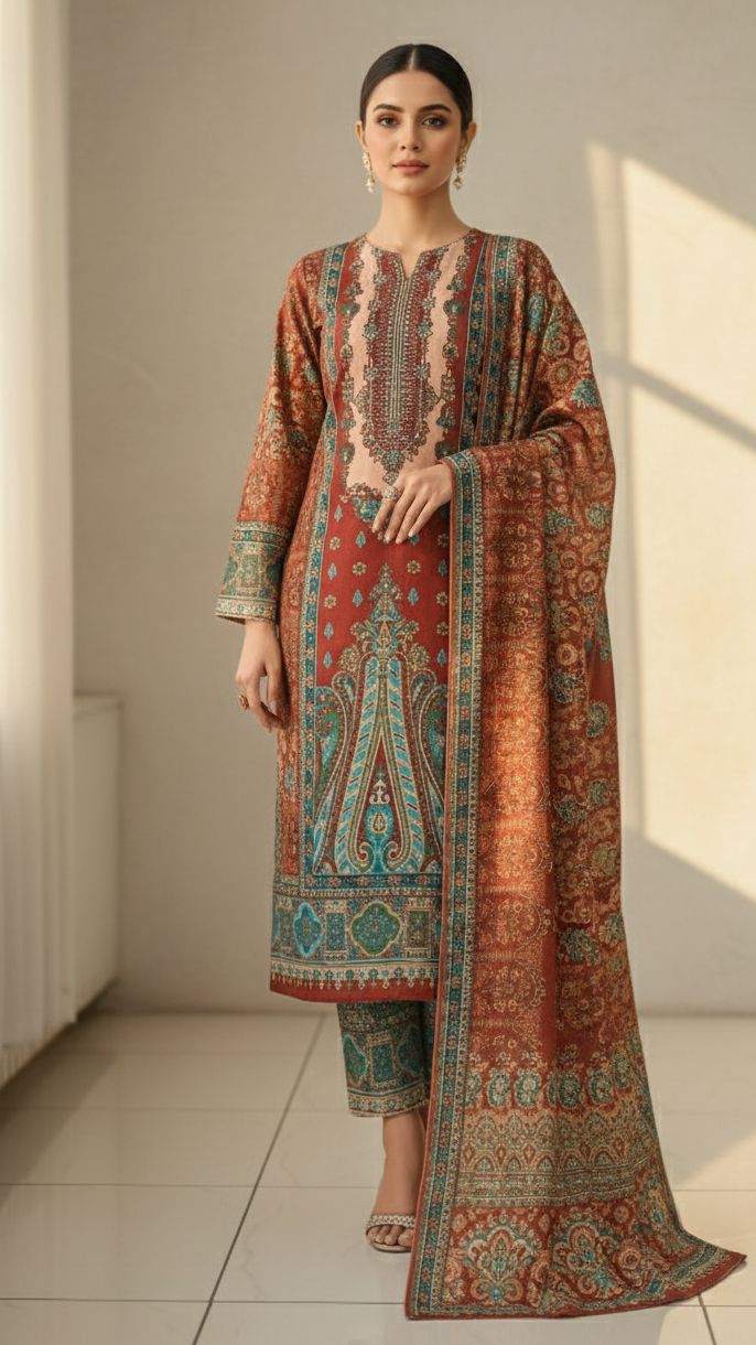 Printed Sequence Work Suit Set with Shawl