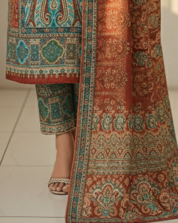 Printed Sequence Work Suit Set with Shawl