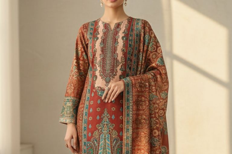 Printed Sequence Work Suit Set with Shawl