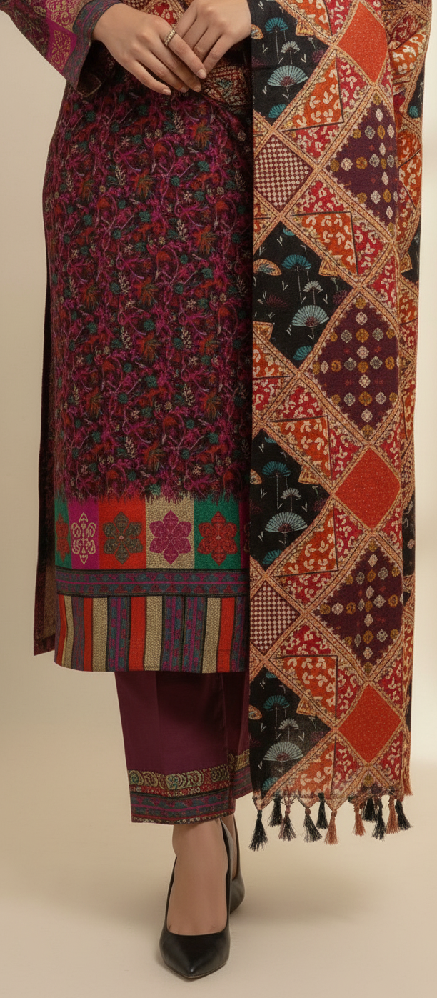 Premium Pashmina Winter Suit Fabric with Printed Shawl – Teal