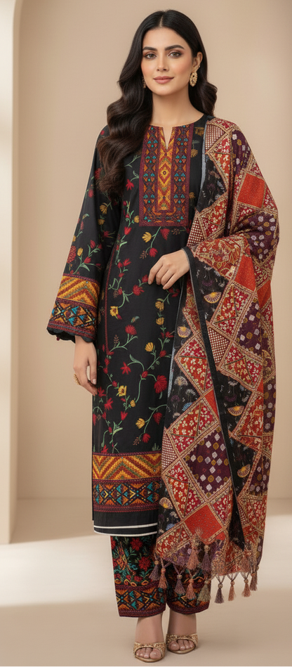 Premium Pashmina Winter Suit Fabric with Printed Shawl – Teal