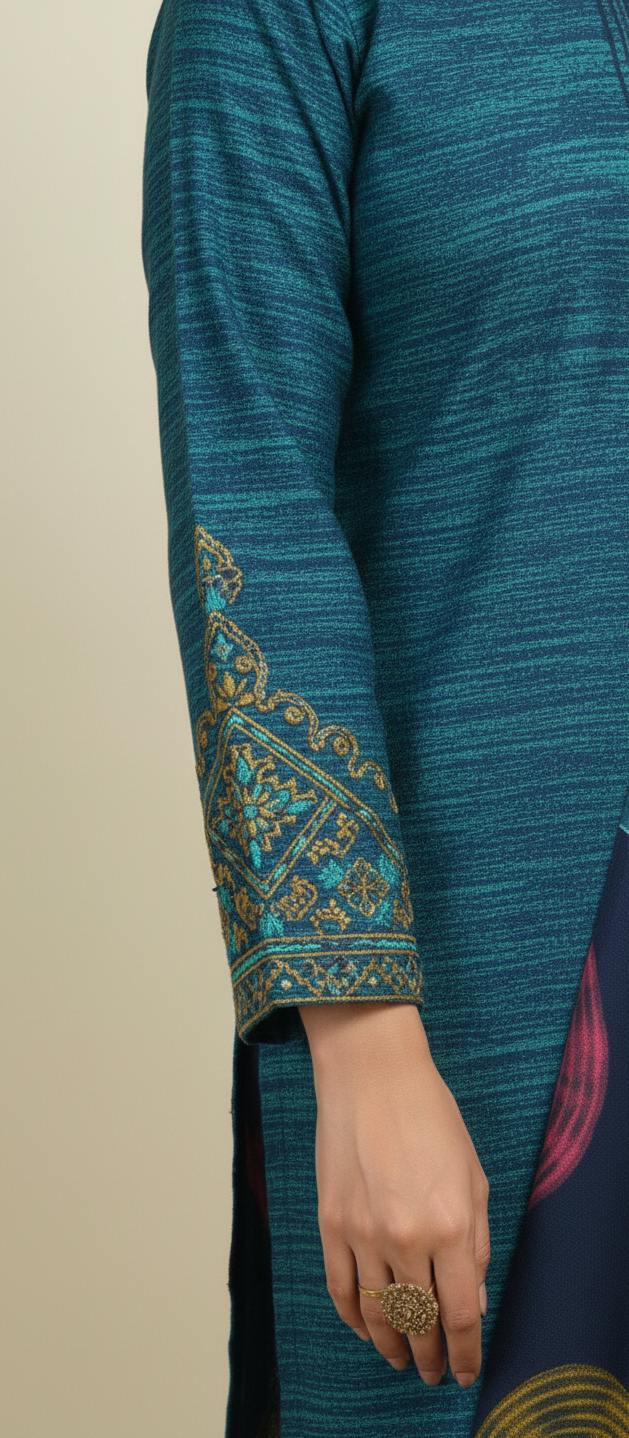 Premium Pashmina Winter Suit Fabric with Printed Shawl – Teal