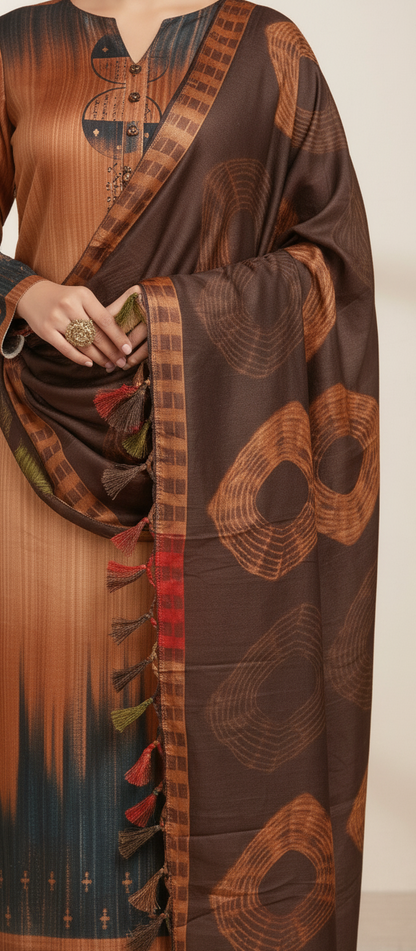 Premium Pashmina Winter Suit Fabric with Printed Shawl – Teal