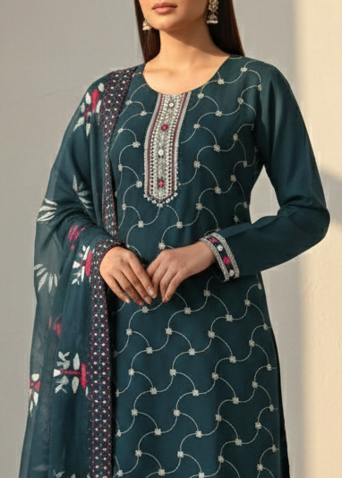 Embroidered Silk Suit with printed dupatta Set