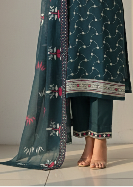 Embroidered Silk Suit with printed dupatta Set