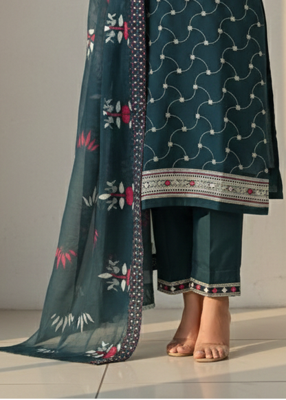 Embroidered Silk Suit with printed dupatta Set
