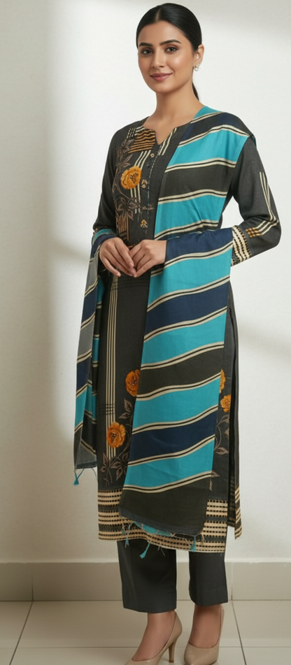 Premium Pashmina Winter Suit Fabric with Printed Shawl – Teal