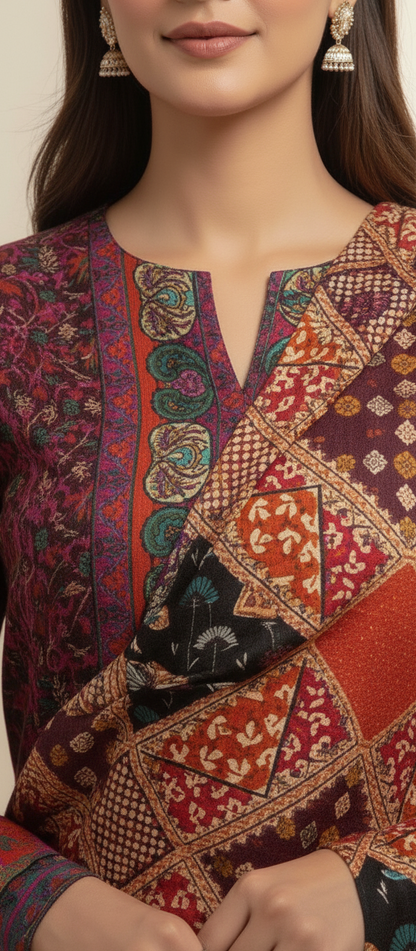 Premium Pashmina Winter Suit Fabric with Printed Shawl – Teal