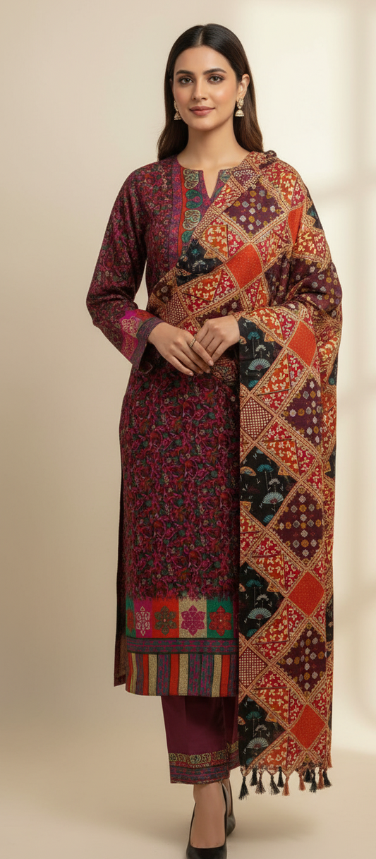 Premium Pashmina Winter Suit Fabric with Printed Shawl – Teal