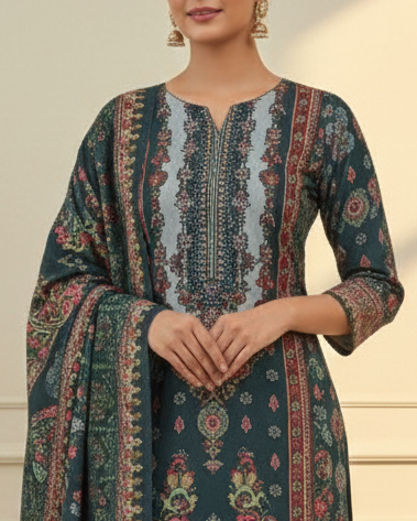 Printed Sequence Work Suit Set with Shawl