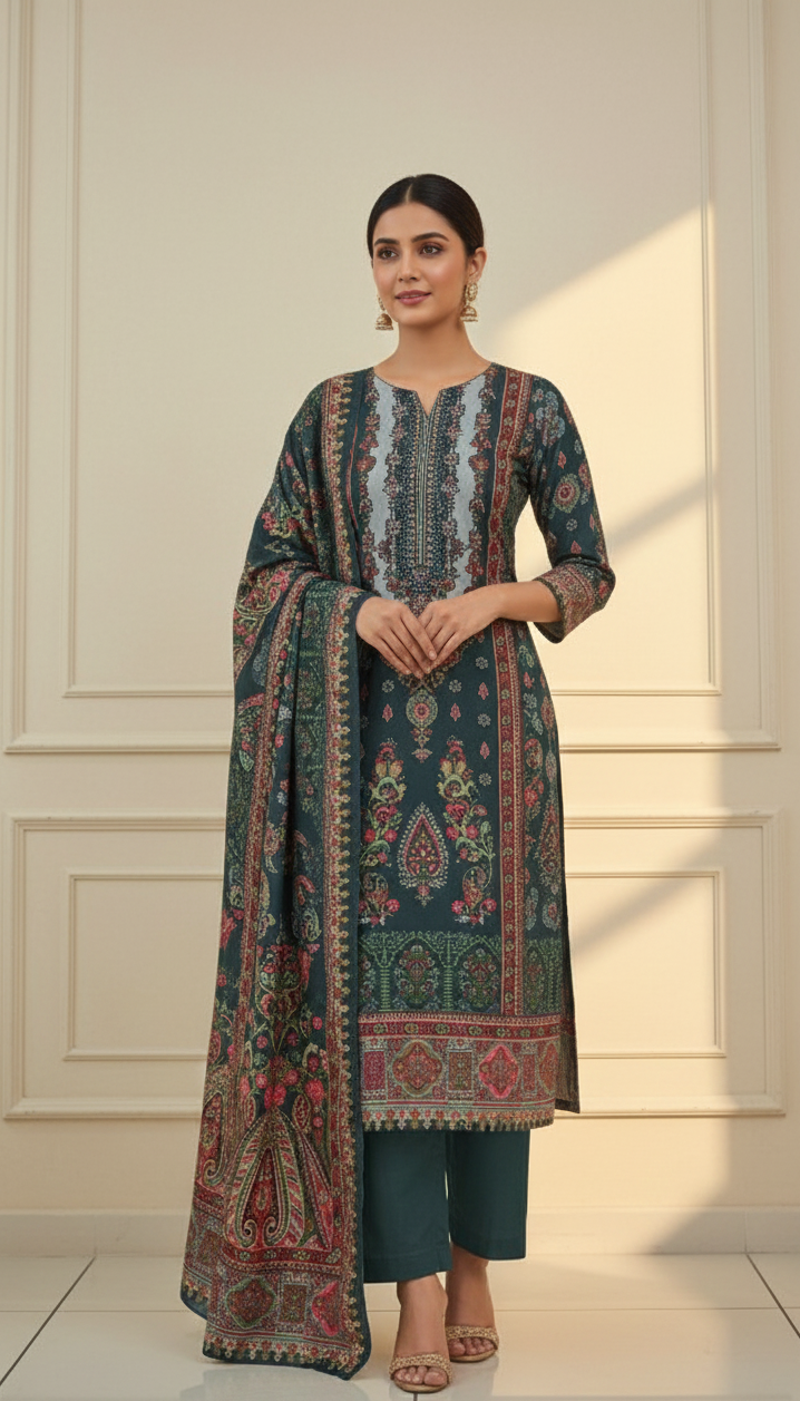 Printed Sequence Work Suit Set with Shawl