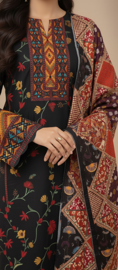 Premium Pashmina Winter Suit Fabric with Printed Shawl – Teal