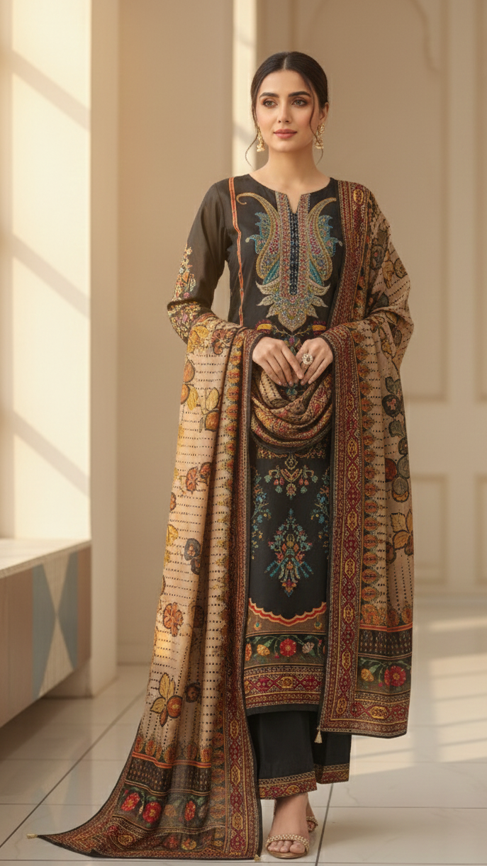 Printed Sequence Work Suit Set with Shawl