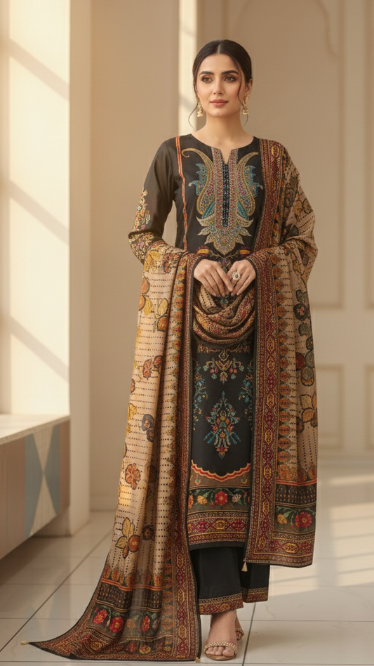 Printed Sequence Work Suit Set with Shawl