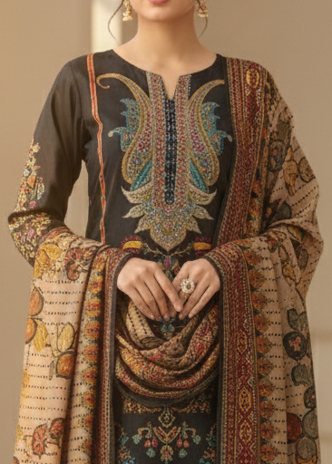 Printed Sequence Work Suit Set with Shawl