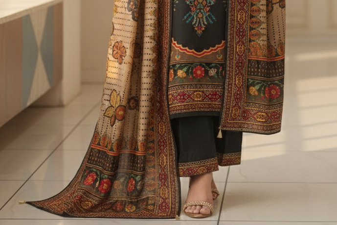 Printed Sequence Work Suit Set with Shawl