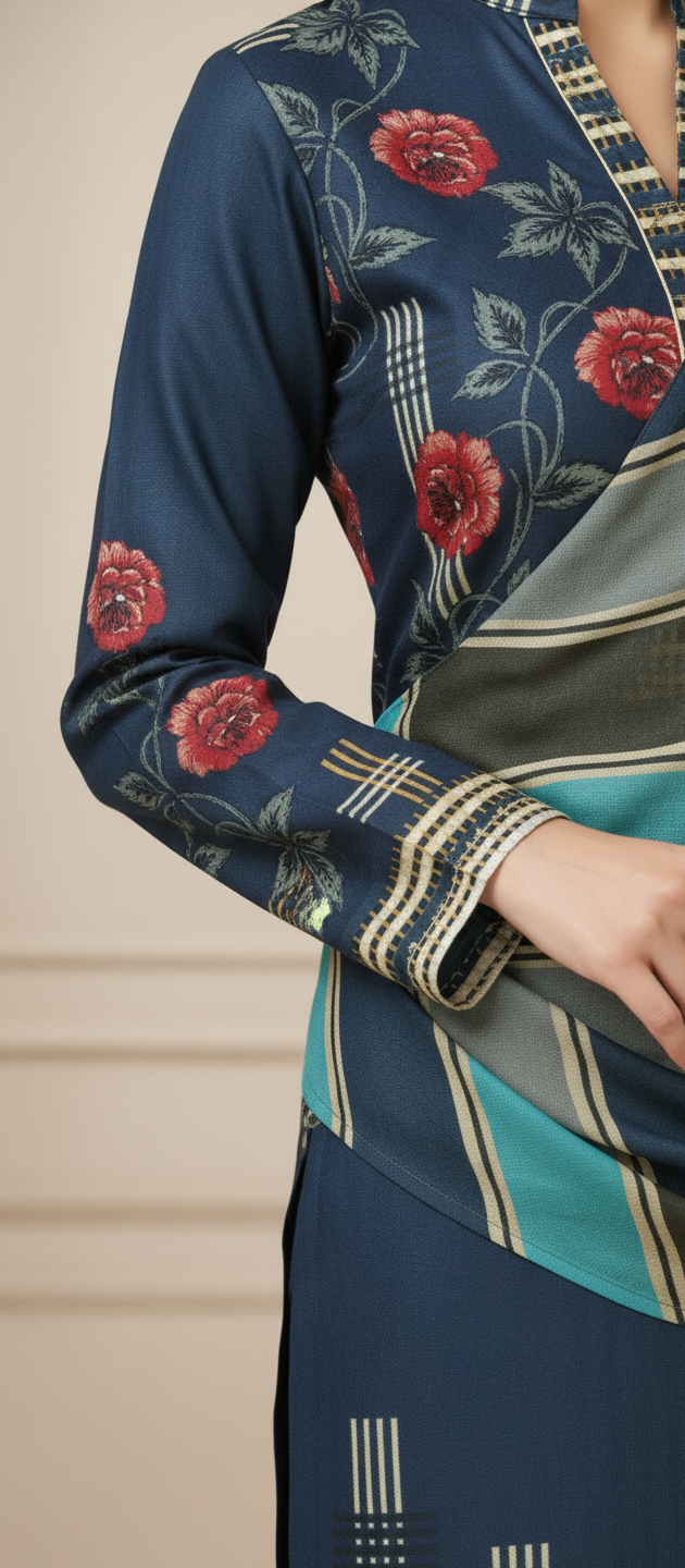 Premium Pashmina Winter Suit Fabric with Printed Shawl – Teal