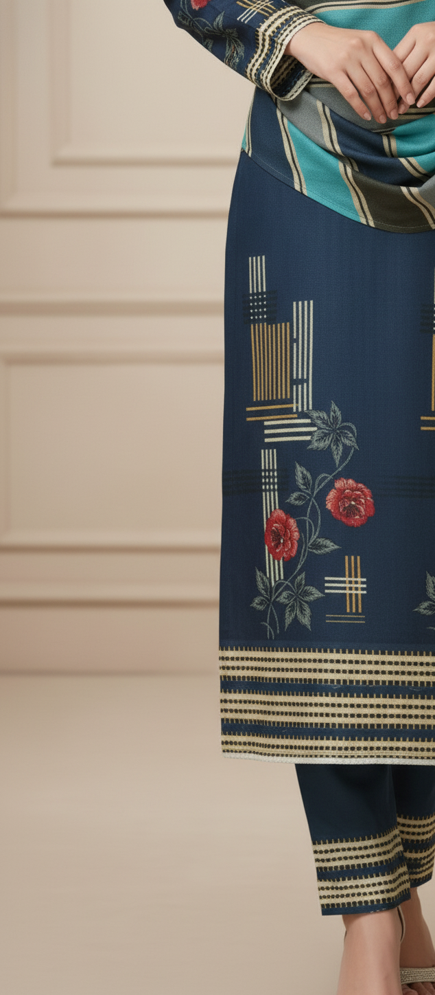 Premium Pashmina Winter Suit Fabric with Printed Shawl – Teal