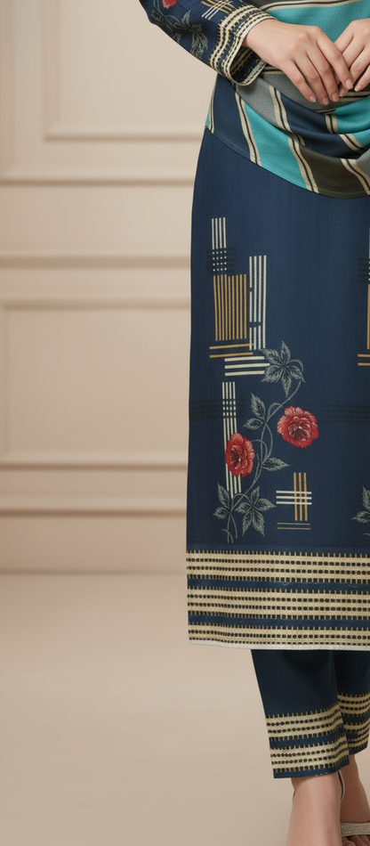 Premium Pashmina Winter Suit Fabric with Printed Shawl – Teal