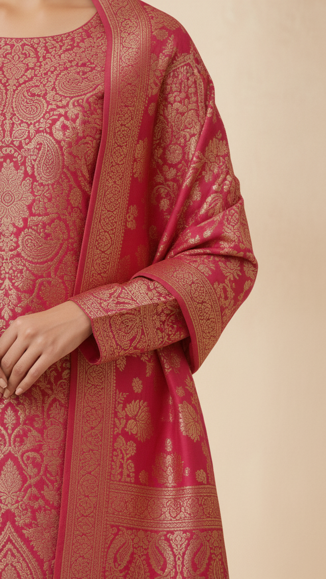 “Premium Winter Zari Suit Set With Shawl”